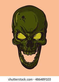 Green Halloween vector skull illustration on peach background 