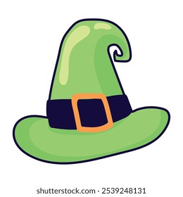 Green Halloween witch hat with black belt and buckle, magical holiday Vector illustration