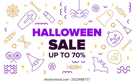 Green Haloween Sale Line Banner. Vector Illustration of Outline and Contour Style. Trick or Treat. Scary Party. Discount Up to 70% Promotion.