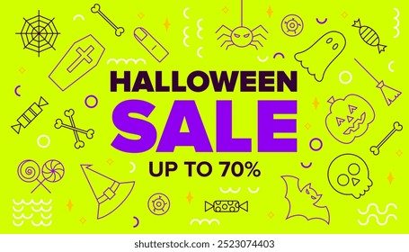 Anuncio de línea de venta de Halloween verde. Ilustración vectorial de contorno y estilo de contorno. Truco o trato. Fiesta de miedo. Descuento Hasta 70% Promoción.