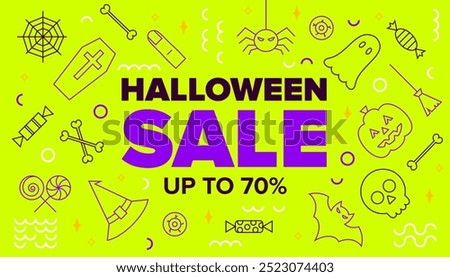 Green Haloween Sale Line Banner. Vector Illustration of Outline and Contour Style. Trick or Treat. Scary Party. Discount Up to 70% Promotion.