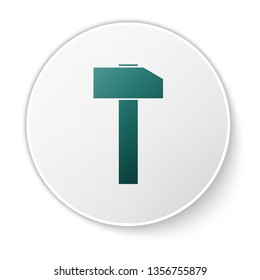Green Hammer icon isolated on white background. Tool for repair. White circle button. Vector Illustration