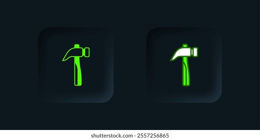 Green Hammer icon isolated on black background. Tool for repair. Black square button. Vector