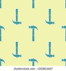 Green Hammer icon isolated seamless pattern on yellow background. Tool for repair. Flat design. Vector Illustration