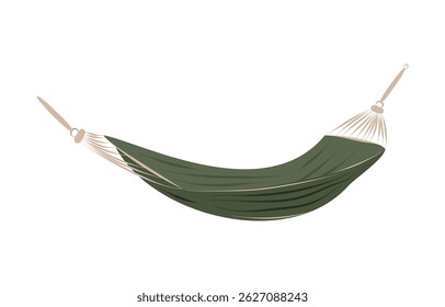 Green hammock for summer outdoor recreation, garden, park. Equipment for camping, glamping or picnic. Isolated vector illustration on white background