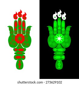 Green hamsa hand styled into the shape of a torch