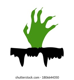 the green hand of the dead man emerges from the black earth. Sharp claws reach up. Halloween scary illustration. cartoon Vector isolated on white background.