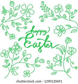 green of hand draw of flora pattern with happy easter lettering on white background. concept for banner, greeting card or element design for easter festival in vector illustration