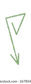 Grüne, handgezeichnete Pfeilspitzen nach unten mit einem Stift für ein fettgedrucktes Skizzensymbol. Der Kreidezeiger bildet ein einfaches Icon-Element, das sich ideal für klare Nachrichten und kreative Konzepte eignet.