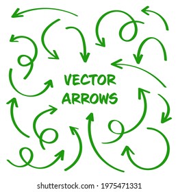Green hand drawn arrows isolated on white background. Doodle arrow, zigzag and round pointers. Handmade sketches of direction symbols. Vector illustration.