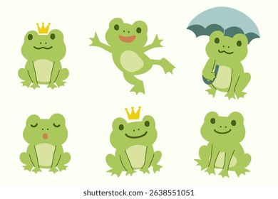 Green Hand Drawn Cartoon Frog Illustration Set.Cute Animal Character for Kids and Fun Clip Art