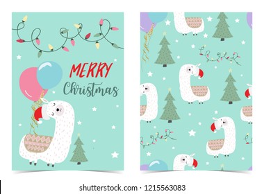 Green hand drawn cute card with llama,christmas tree,light,balloon and star in merry christmas