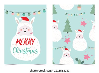 Green hand drawn cute card with head llama, star, and light in merry christmas