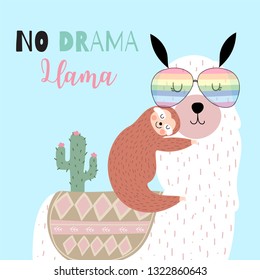 Green hand drawn cute card with llama,glasses,sloth,cactus.No drama