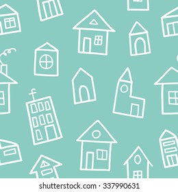 Green Hand Drawn Doodle House Background. Vector Seamless Pattern.