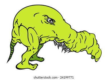 green hand drawn funny cartoon creature or animal standing on two legs with long tail and tusk or nose
