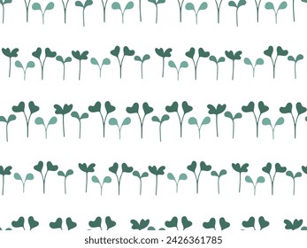 Green Hand drawn growing Sprouts. Raw Fresh Microgreens. Seamless plant pattern. Healthy lifestyle, Vegan organic Natural Food concept. Green eating. Cute flat design illustration