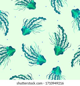 Green hand drawn jellyfishes on light background with dots. Seamless ocean tropical pattern.