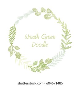 Green hand drawn leaves and grass wreath vector, greeting, invitation or wedding card template. Greenery spring floral frame. Circle foliage border.