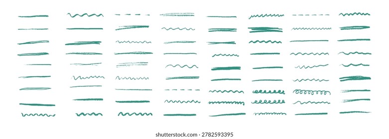 Green hand drawn lines, pencil, crayon and brush strokes isolated on white background. Creative sketch elements, artistic texture set for design, underline marks, doodles and decoration.