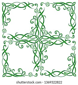 Green hand drawn ornate vector Celtic style frame with triskels and four-leaf clovers, traditional napkin print