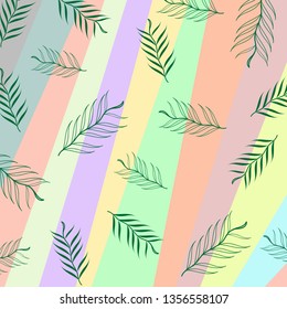 Green Hand Drawn Palm leaves on Abstract pattern beautiful bright colorful background.