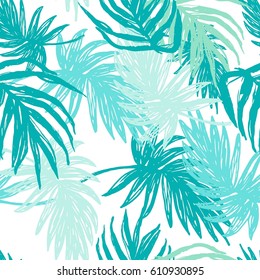 Green Hand Drawn Palm leaves Seamless Pattern.New Exotic Botanical Print