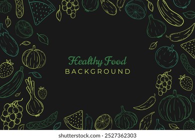 Verde mão desenhada esboço legumes e frutas no fundo preto. Contornar hortifrutícolas frescos e frutas ao redor do quadro de fundo