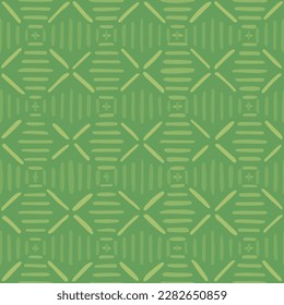 green hand drawn striped rhombus and crosses. geometric folk repetitive background. vector seamless pattern. fabric swatch. brown wrapping paper. continuous design template for textile, linen, decor