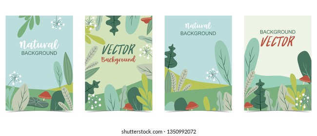 Green hand drawn summer postcard with flower,tree and leaf