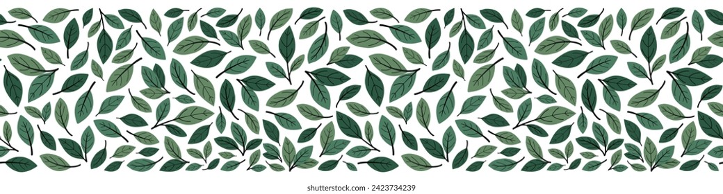 Green hand drawn tea leaves horizontal seamless border. Design for banner. Isolated on white background.