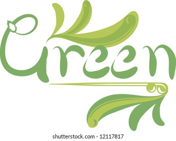 Green hand drawn unique text with artistic flourishes.