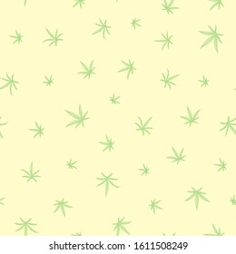 Green hand drawn vector leaves in loose all over print. Seamless pattern on pastel yellow background. Great for wellness, health, organic, garden products, packaging, brochures, print, fabric