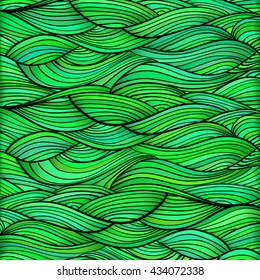Green hand drawn waves. Abstract vector background.