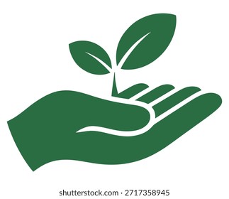 Mano verde acunando suavemente una plántula joven vibrante de la planta que simboliza el crecimiento de la nueva vida y el cuidado del medio ambiente