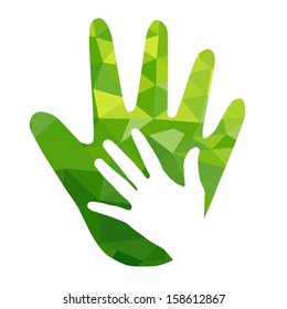 Green hand with green geometric  over white background
