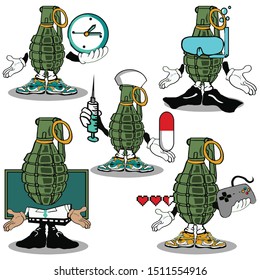 green hand grenade in five different style