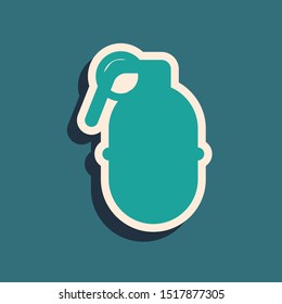 Green Hand grenade icon isolated on blue background. Bomb explosion. Long shadow style. Vector Illustration