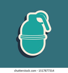 Green Hand grenade icon isolated on blue background. Bomb explosion. Long shadow style. Vector Illustration