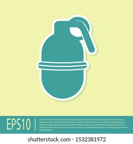 Green Hand grenade icon isolated on yellow background. Bomb explosion.  Vector Illustration