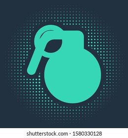 Green Hand grenade icon isolated on blue background. Bomb explosion. Abstract circle random dots. Vector Illustration