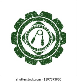 Green hand gripper icon inside distressed rubber stamp