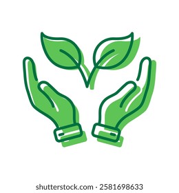 Green Hand Hold Organic Leaf Icon. Germinating Eco-Agriculture Symbol. Cultivation Greenery Ecology Plant Pictogram. Editable Stroke. Isolated Vector Illustration.