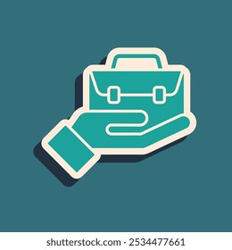 Green Hand holding briefcase icon isolated on green background. Insurance concept. Security, safety, protection, protect concept. Long shadow style. Vector
