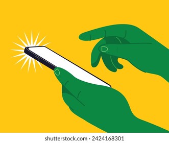 green hand holding phone in vector