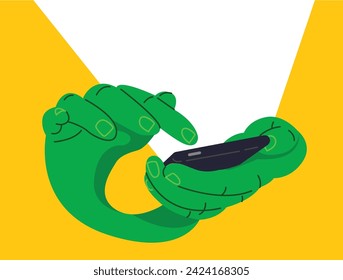 green hand holding phone in vector