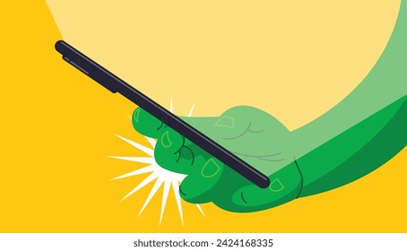 green hand holding phone in vector