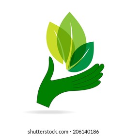 Green hand with green leaf