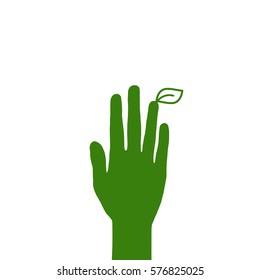 Green hand with leaf on white background. Vector illustration. Flat design. Bio. Ecology. Organic. World Environment day label.  Earth day logo.