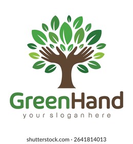 Green hand logo design representing environmental protection sustainability and eco friendly concepts